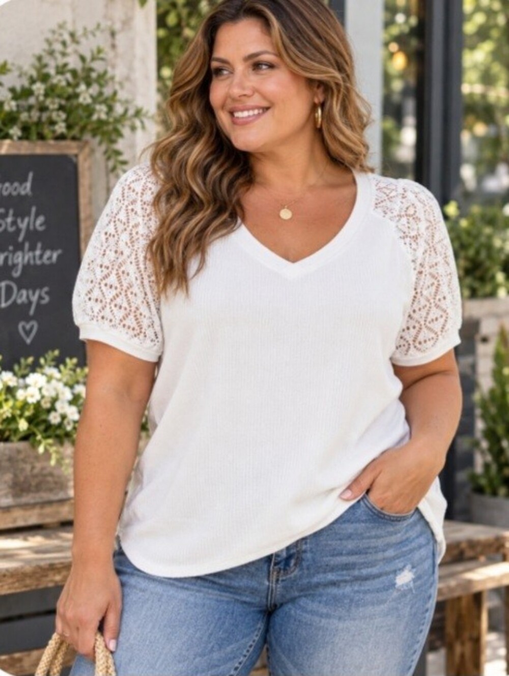Fashion White V Neck Short Lace Sleeve Waffle Knit Top NWOT Large